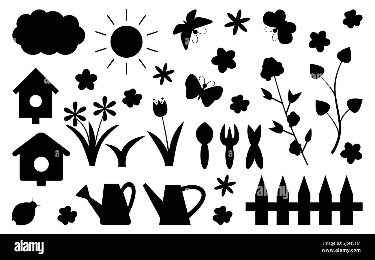 Frühling Sommer Silhouette Gartenarbeit Set. Werkzeuge, Pflanzen, Schmetterlinge und Marienkäfer, Kleeblatt und Blumen, Gießkanne und Vogelhäuser, Sonne und Wolke, Zaun. Für Kinder Scrapbooking. Vektorgrafik Stock Vektor