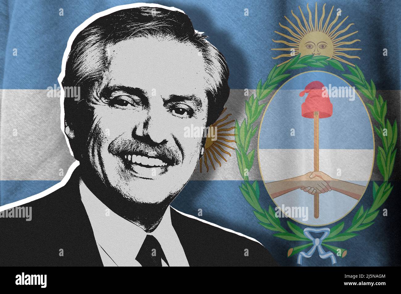 Alberto Fernández, Flagge Argentiniens und Wappen der Argentinischen Republik Stockfoto