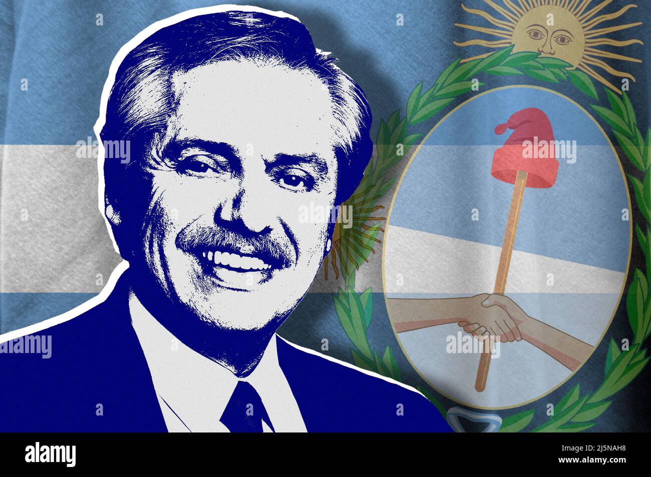 Alberto Fernández, Flagge Argentiniens und Wappen der Argentinischen Republik Stockfoto