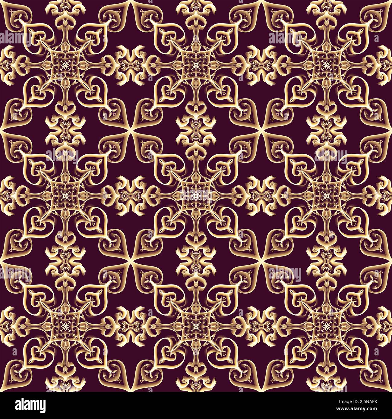 Nahtloses ornamentales Muster in goldener Farbe mit kastanienbraunem Hintergrund. Verwendung für Modedesign, Kleidung, Stoffe, Heimtextilien, Bettwäsche, Stockfoto