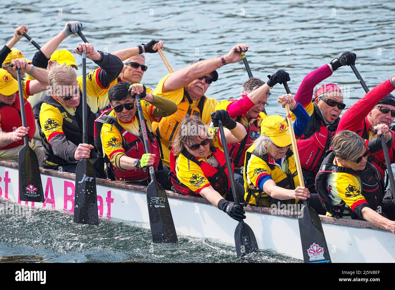 Teilnehmer paddeln bei einem Drachenbootrennen in der Inlet Spring Regatta 2022 im Rocky Point Park, Port Moody, B. C., Kanada. 23. April 2022. Stockfoto