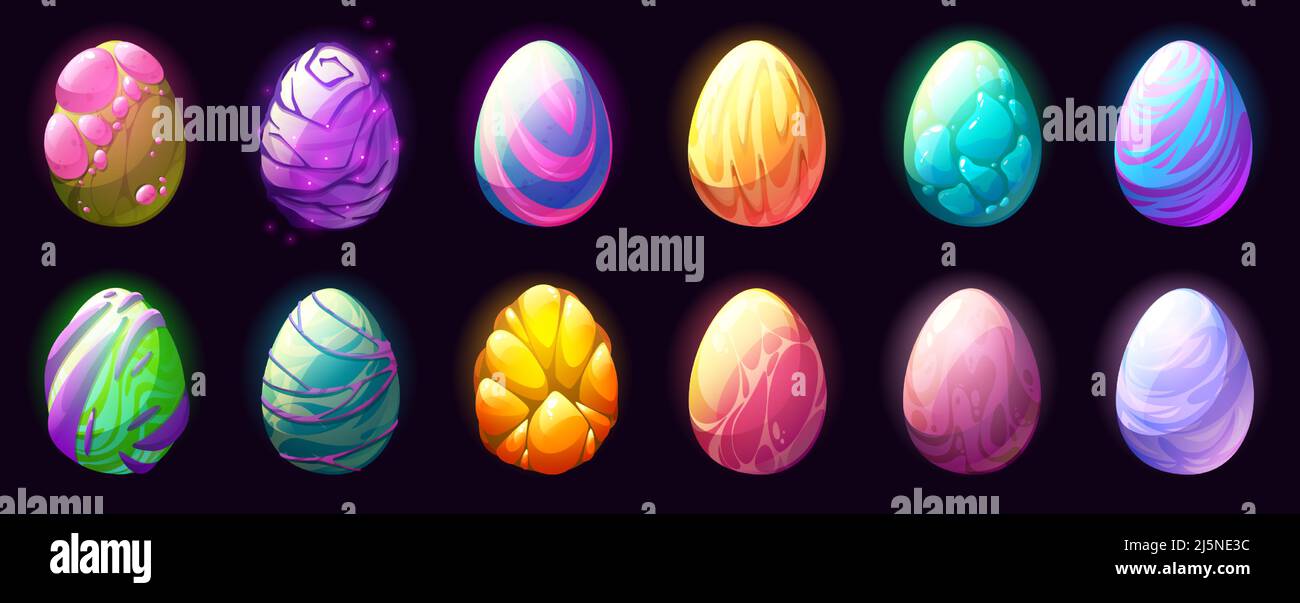 Cartoon Drachen Eier mit verschiedenen Eierschalen Texturen isoliert gesetzt, Märchen ui Spiel Assets, seltsame Dinosaurier, Reptilien, Vögel, Monster oder Ostern bunte Eizellen Design-Elemente, Vektor-Illustration Stock Vektor