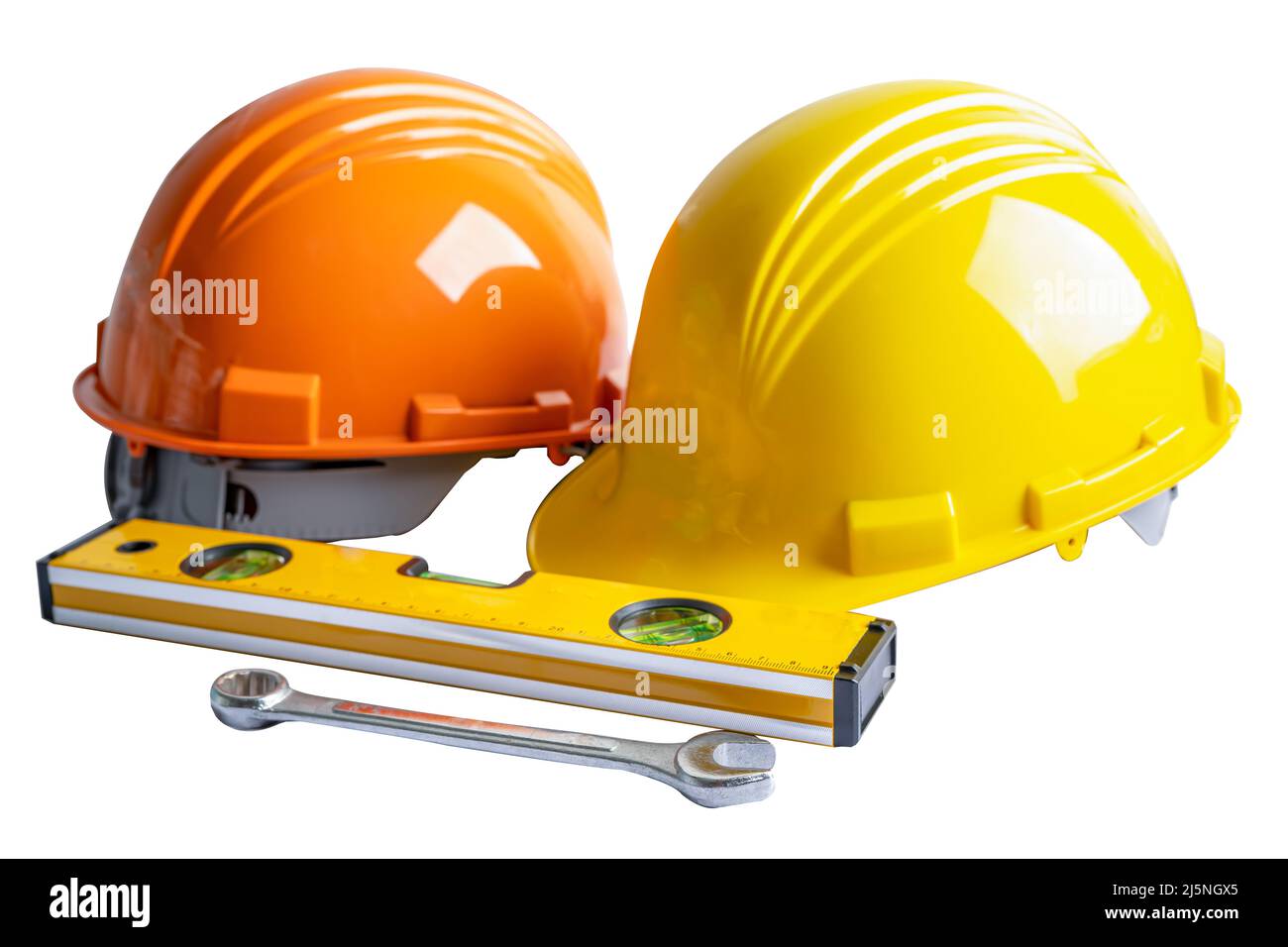 Safety First Helm Hut und Ingenieur-Tool mit Kopierraum, Engineering-Konstruktion und Architektur-Konzept. Stockfoto