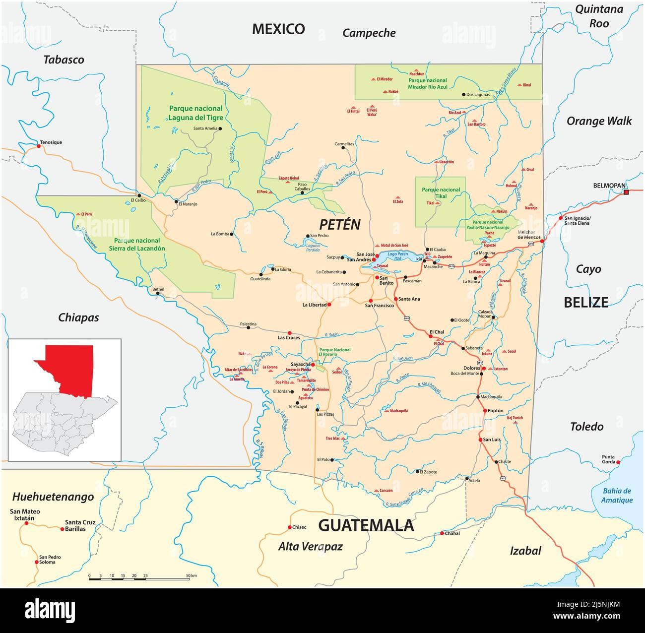 Straßen- und Nationalpark-Karte von Peten State, Guatemala Stock Vektor
