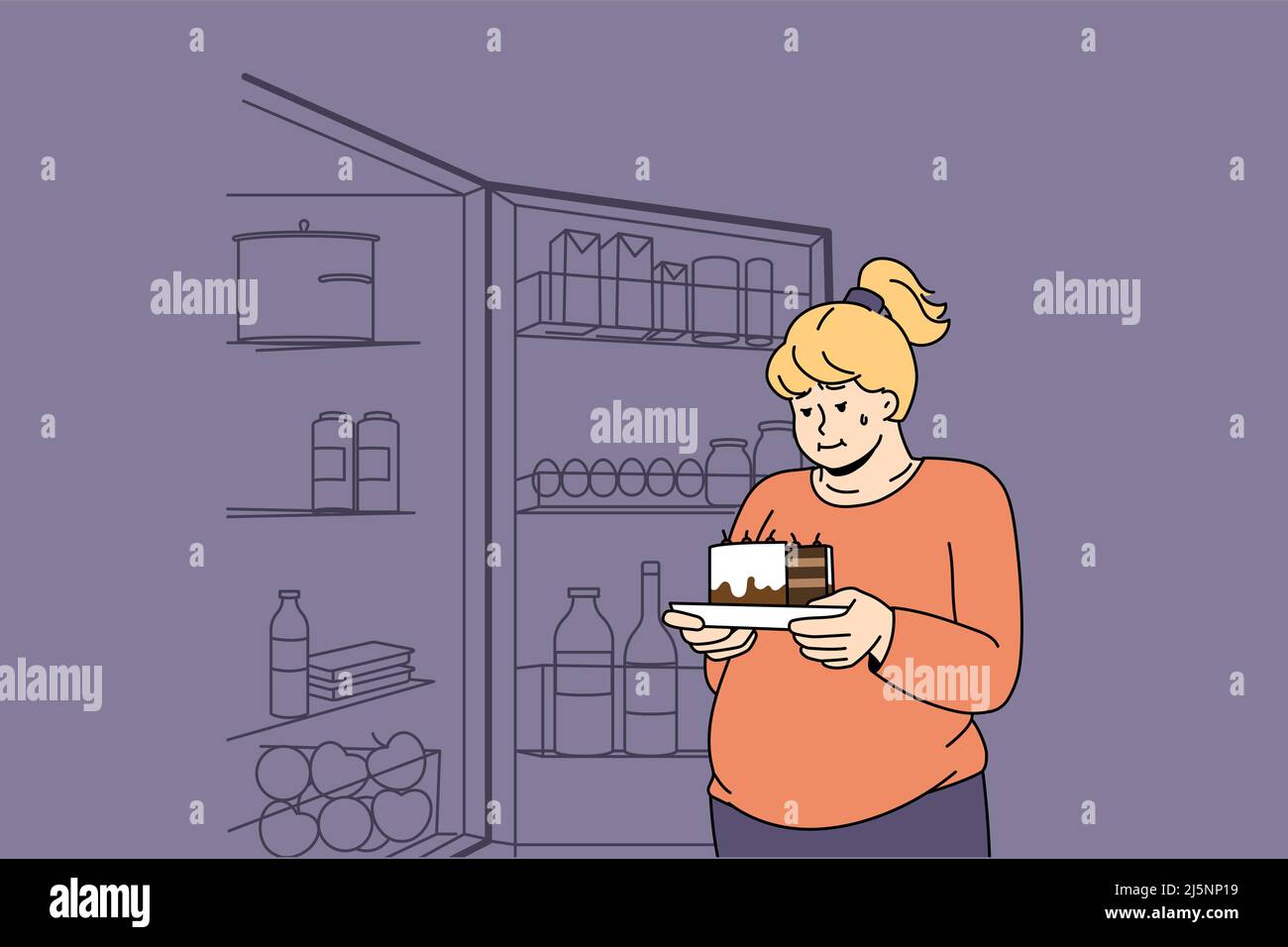 Fat Frau hält ein Stück Kuchen denken an den Verzehr von süßen Sachen. Übergewichtige Frauen in der Nähe eines offenen Kühlschranks leiden unter Übergewicht und Suchtproblemen. Ernährung und gesunde Lebensweise. Vektorgrafik. Stock Vektor