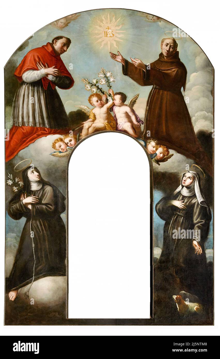 San Carlo Borromeo, San Bernardino da Siena, S. Margherita da Cortona e S. Chiara - olio su tela - Domenico Voltolino - XVIII secolo - Lovere (BG) ,IT Stockfoto