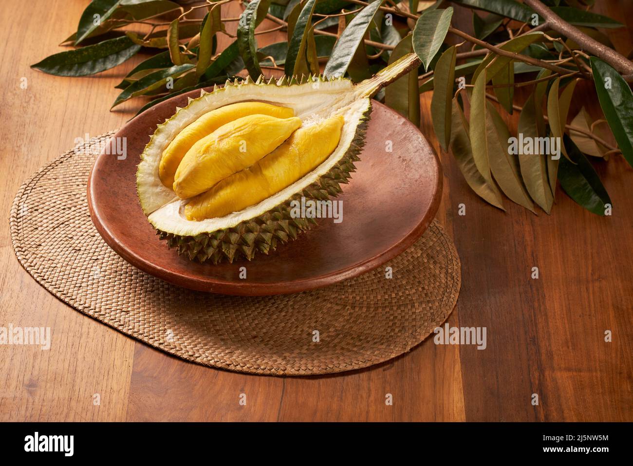 Durian Frucht, die gespalten wurde, mit einer guten und reifen Füllung Stockfoto