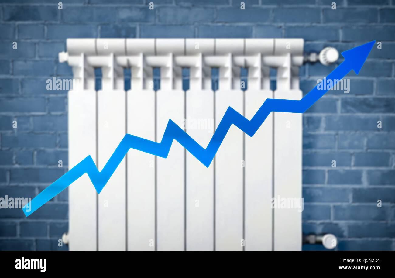 Diagramm zur Erhöhung der Heizkosten vor dem Hintergrund des Heizkörpers. Die Heizungs und