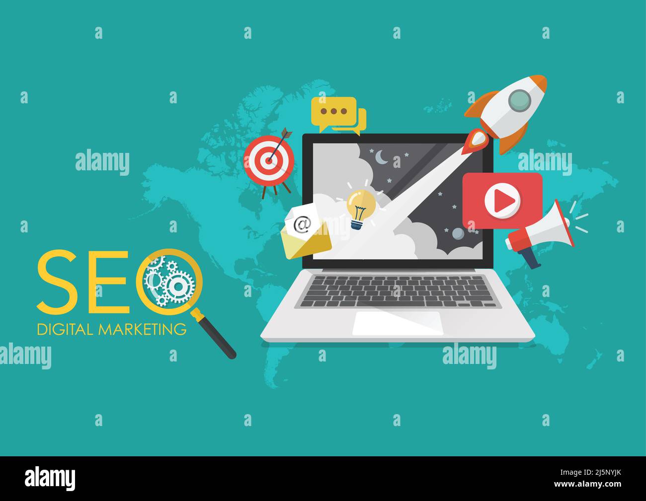 SEO-Optimierung Marketing-Geschäft. SEO-Logo mit Lupe. Vektorgrafik Stock Vektor