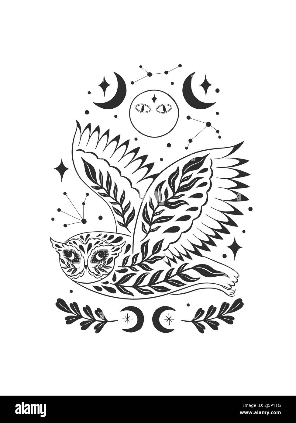 Mystische ästhetische Eule Hexe Wald Magier Komposition Druck. Hand zeichnen schwarze Farbe.esoterische Zeichen Alchemie. Stock Vektor
