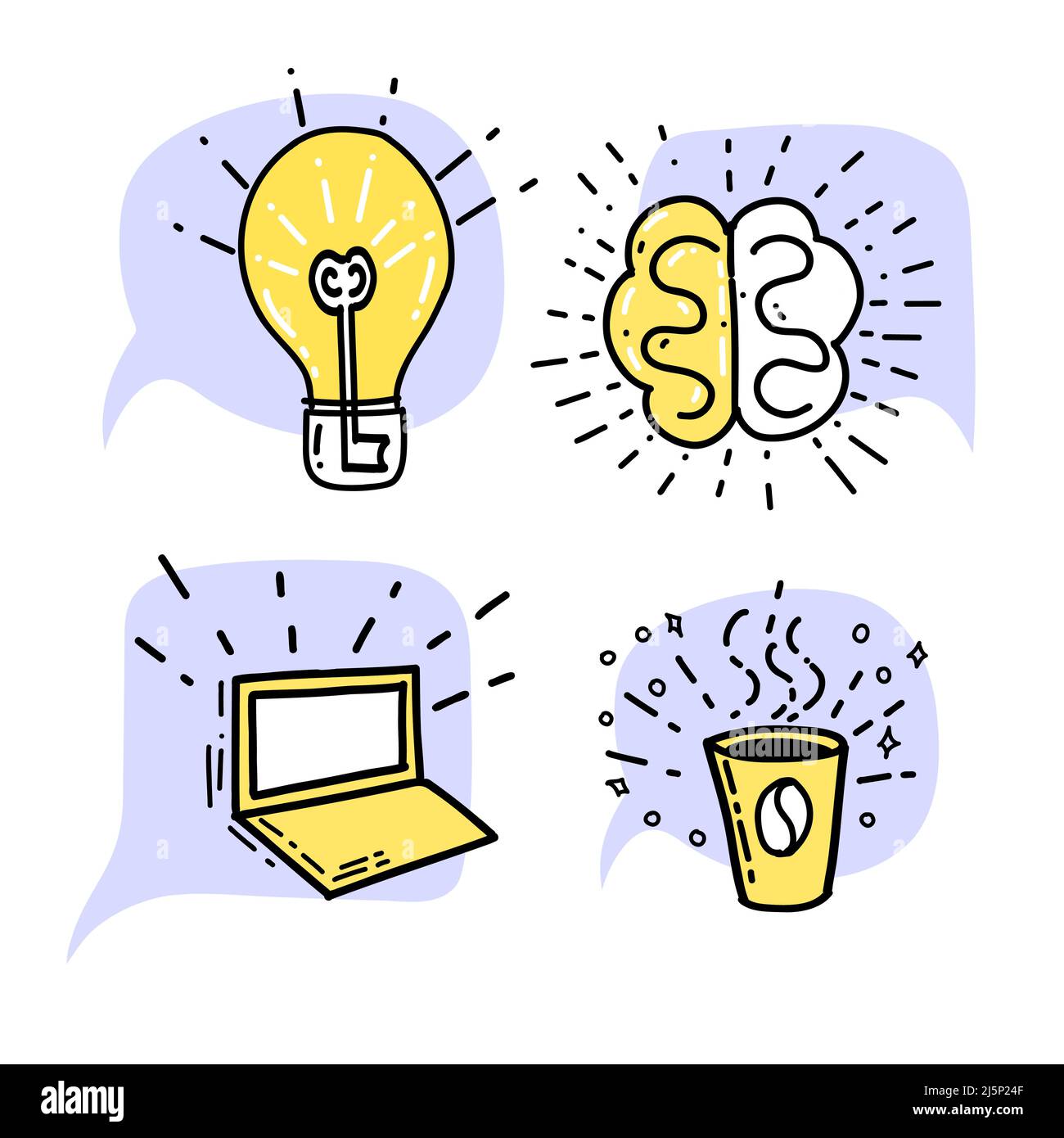Set konzeptionelle Piktogramme Illustration kreative Symbol Doodle Stil in blau gelbe Farbe Lampe, Kaffee, Gehirn, Computer Stock Vektor