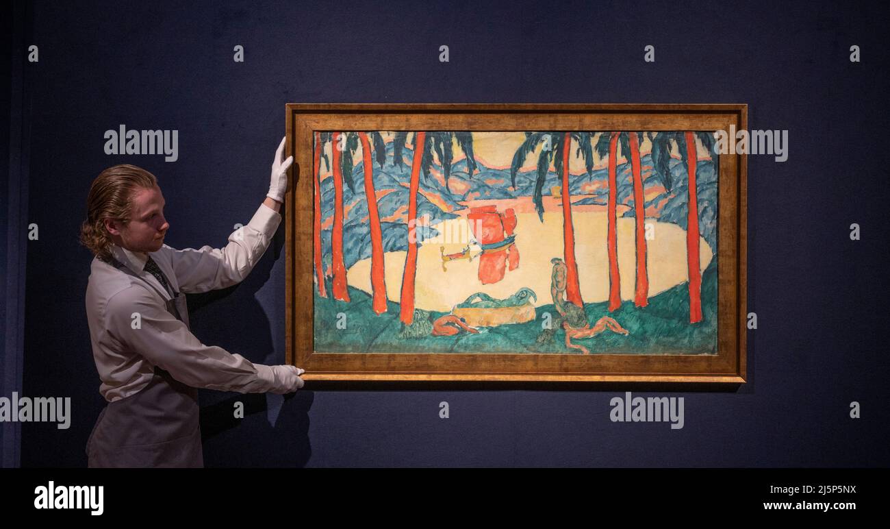 Christie’s, London, Großbritannien. 25. April 2022. Schutz des unersetzlichen: Christies Partnerschaft mit dem World Monuments Fund – ein Teil des Verkaufserlöses wird direkt dem neuen gemeinnützigen Fonds der WMF für die Ukraine zugute kommen, sofortige Maßnahmen unterstützen, um das kulturelle Erbe der Ukraine vor weiteren Schäden zu schützen und die Grundlagen für eine zukünftige Erholung zu schaffen. Die Ausstellung läuft vom 25. April bis 5. Mai und zeigt mehr als 100 Werke von 30 in der Ukraine geborenen Künstlern. Bild: Amshei Nurenberg, Red Sails, 1910. Quelle: Malcolm Park/Alamy Live News Stockfoto
