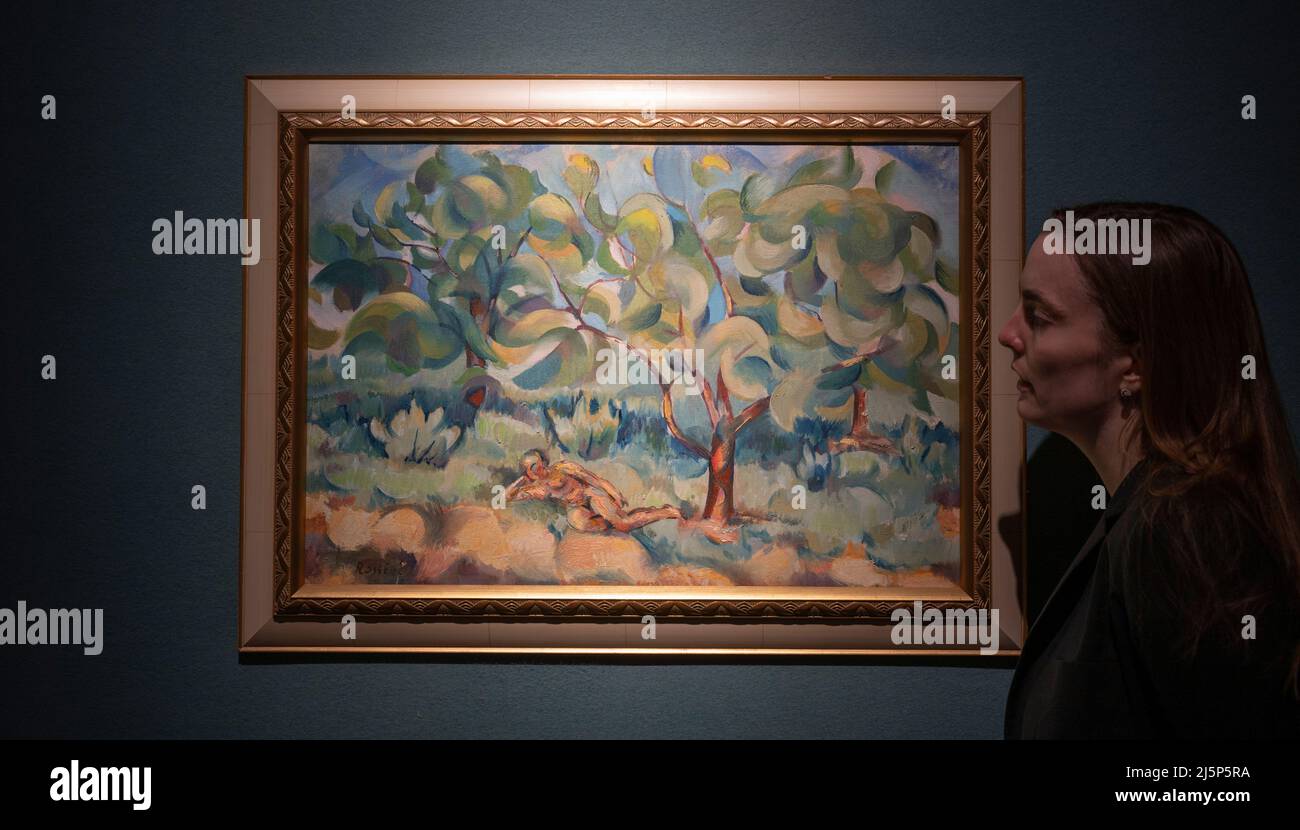 Christie’s, London, Großbritannien. 25. April 2022. Schutz des unersetzlichen: Christies Partnerschaft mit dem World Monuments Fund – ein Teil des Verkaufserlöses wird direkt dem neuen gemeinnützigen Fonds der WMF für die Ukraine zugute kommen, sofortige Maßnahmen unterstützen, um das kulturelle Erbe der Ukraine vor weiteren Schäden zu schützen und die Grundlagen für eine zukünftige Erholung zu schaffen. Die Ausstellung läuft vom 25. April bis 5. Mai und zeigt mehr als 100 Werke von 30 in der Ukraine geborenen Künstlern. Bild: Vladimir Baranoff-Rossiné, Eva. Quelle: Malcolm Park/Alamy Live News Stockfoto