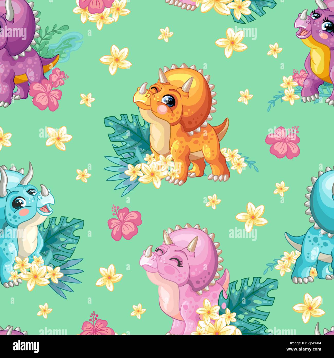 Tropisches nahtloses Muster mit freundlichen Triceratops und exotischen Blumen isoliert auf grünem Hintergrund. Cartoon-Vektorgrafik. Für Druck, Design, w Stock Vektor