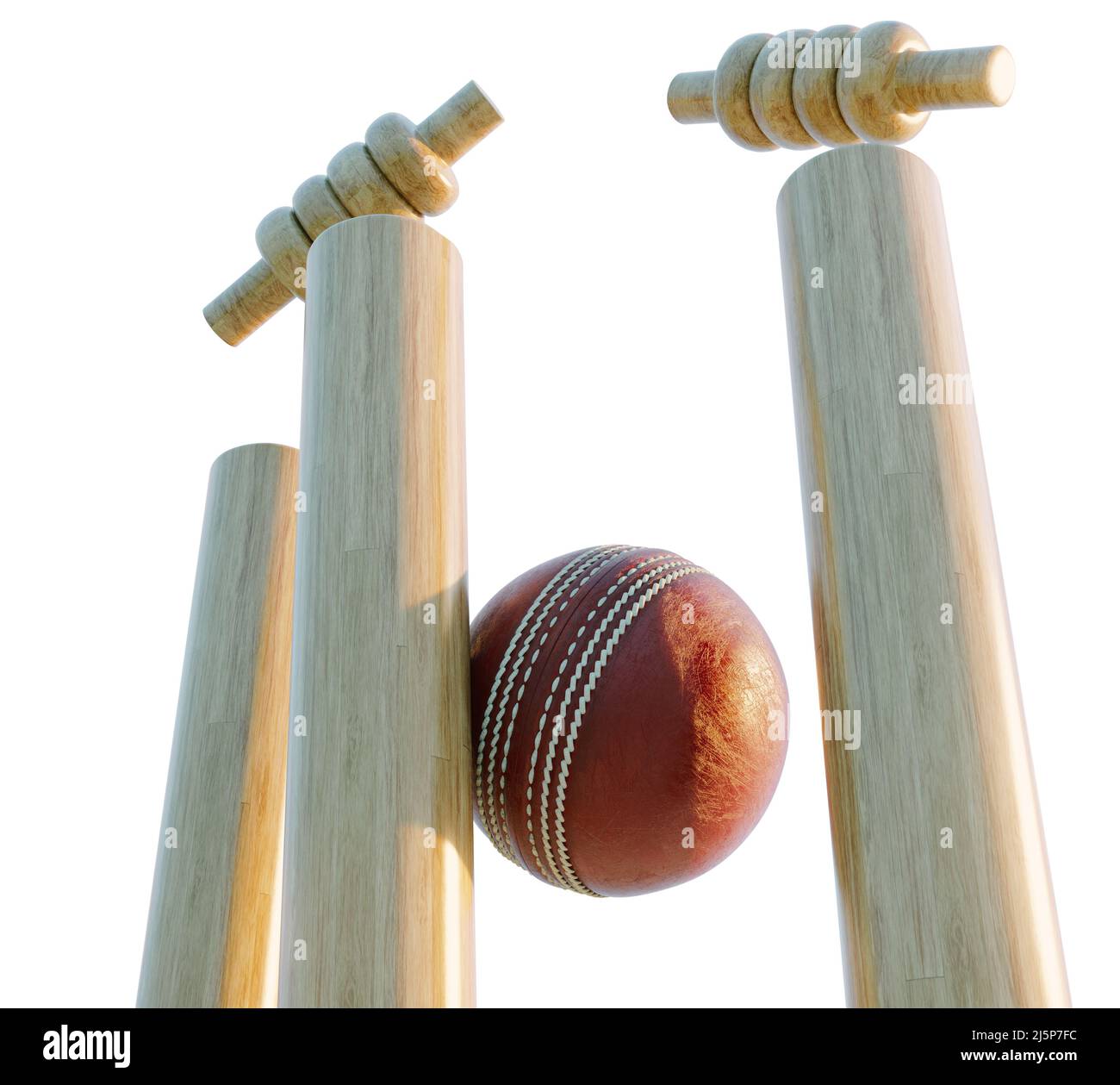 Hölzerne Cricket-Wickets mit auslegenden Bällen auf einem isolierten weißen Hintergrund - 3D Render Stockfoto