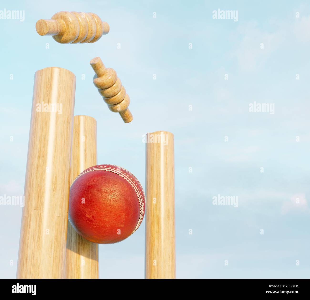 Hölzerne Cricket-Wickets mit auslegenden Bällen auf dem Hintergrund des Tageshimmels - 3D rendern Stockfoto