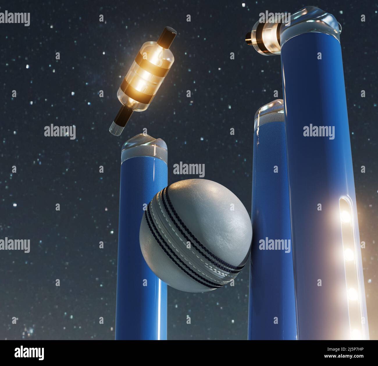 Blaue elektronische Cricket-Wickets mit auslaufenden Bällen und leuchtenden LED-Leuchten auf einem Nachthimmel Hintergrund - 3D Render Stockfoto