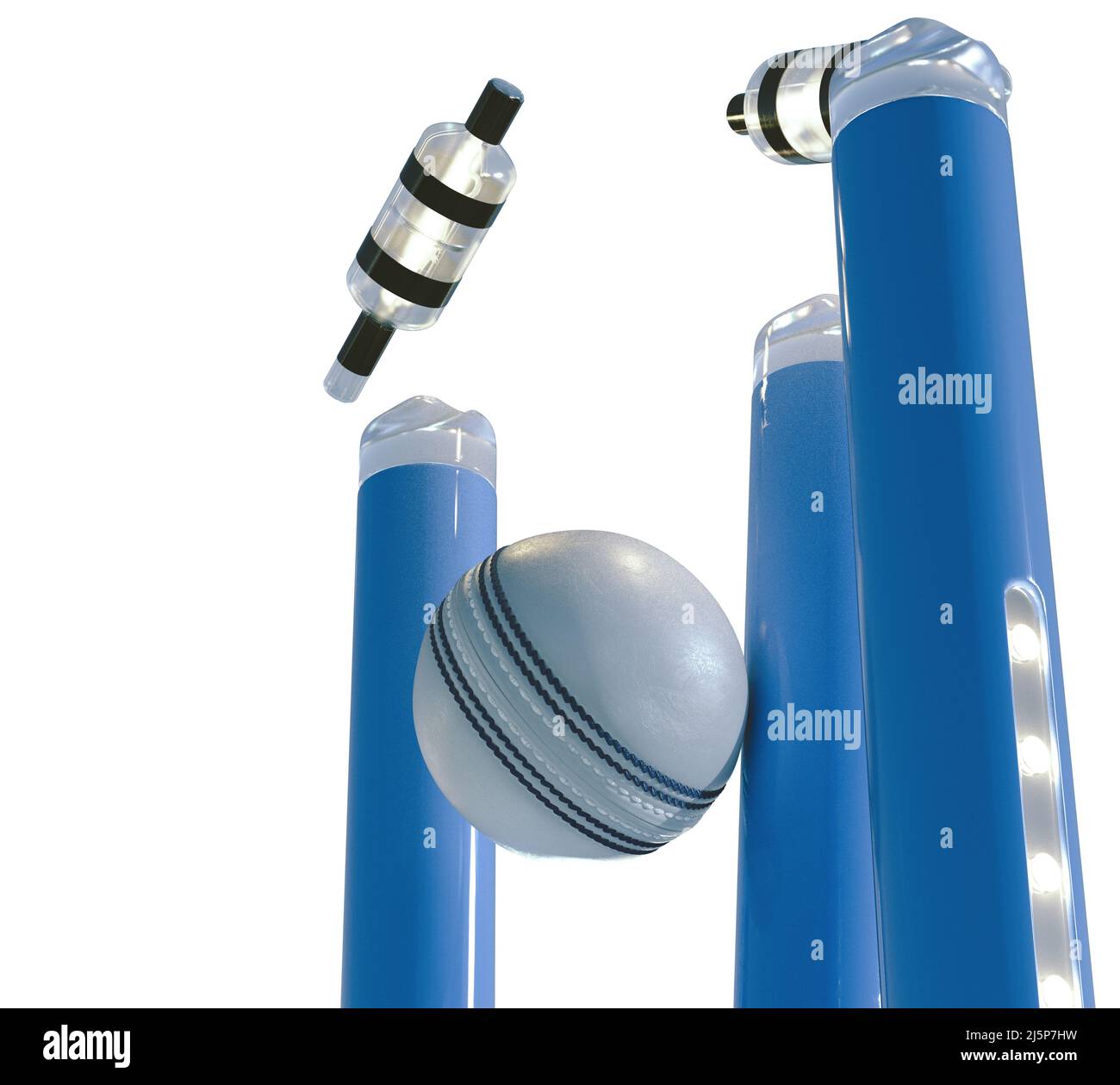Blaue elektronische Cricket-Wickets mit auslaufenden Bällen und leuchtenden LED-Leuchten auf einem isolierten weißen Hintergrund - 3D Render Stockfoto