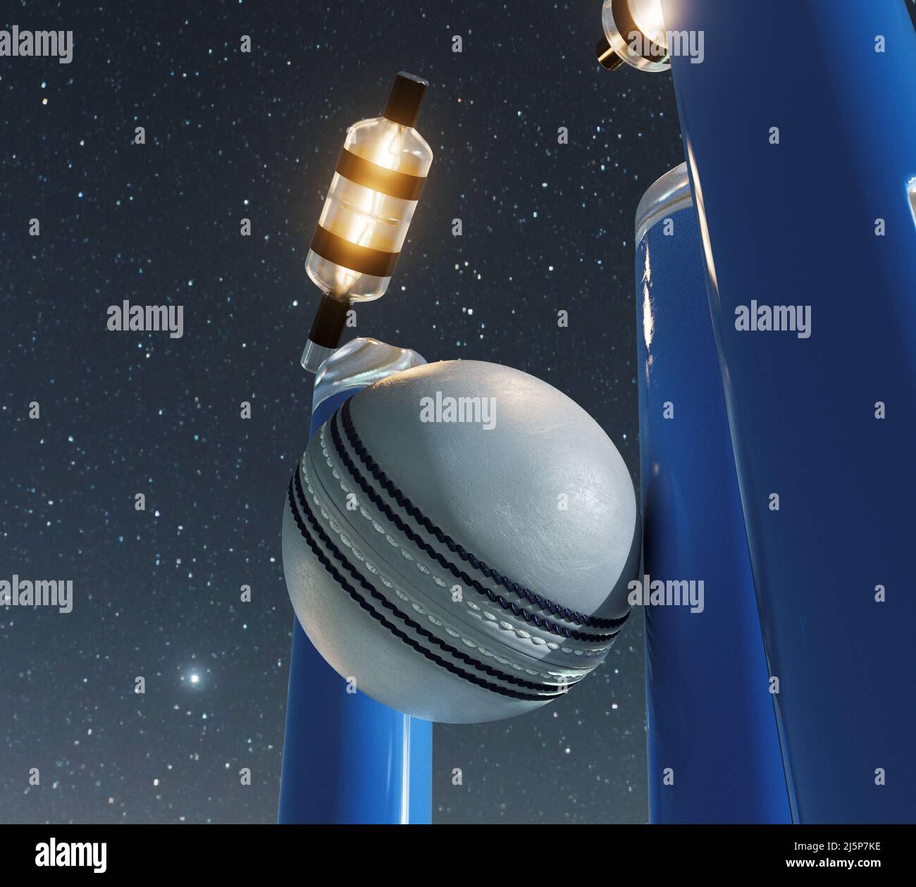 Blaue elektronische Cricket-Wickets mit auslaufenden Bällen und leuchtenden LED-Leuchten auf einem Nachthimmel Hintergrund - 3D Render Stockfoto