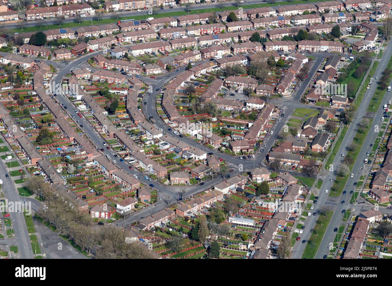 Eine Luftaufnahme der kommunalen Wohnhäuser, Liverpool, Nordwestengland, Großbritannien Stockfoto