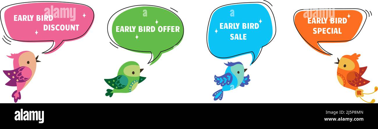 Frühbucherrabatt. Moderne Werbeetiketten mit flachen Vögeln. Sonderangebot, Marketing-Elemente für den Verkauf. Werbeaktion Werbespot nowaday Vektorset Stock Vektor