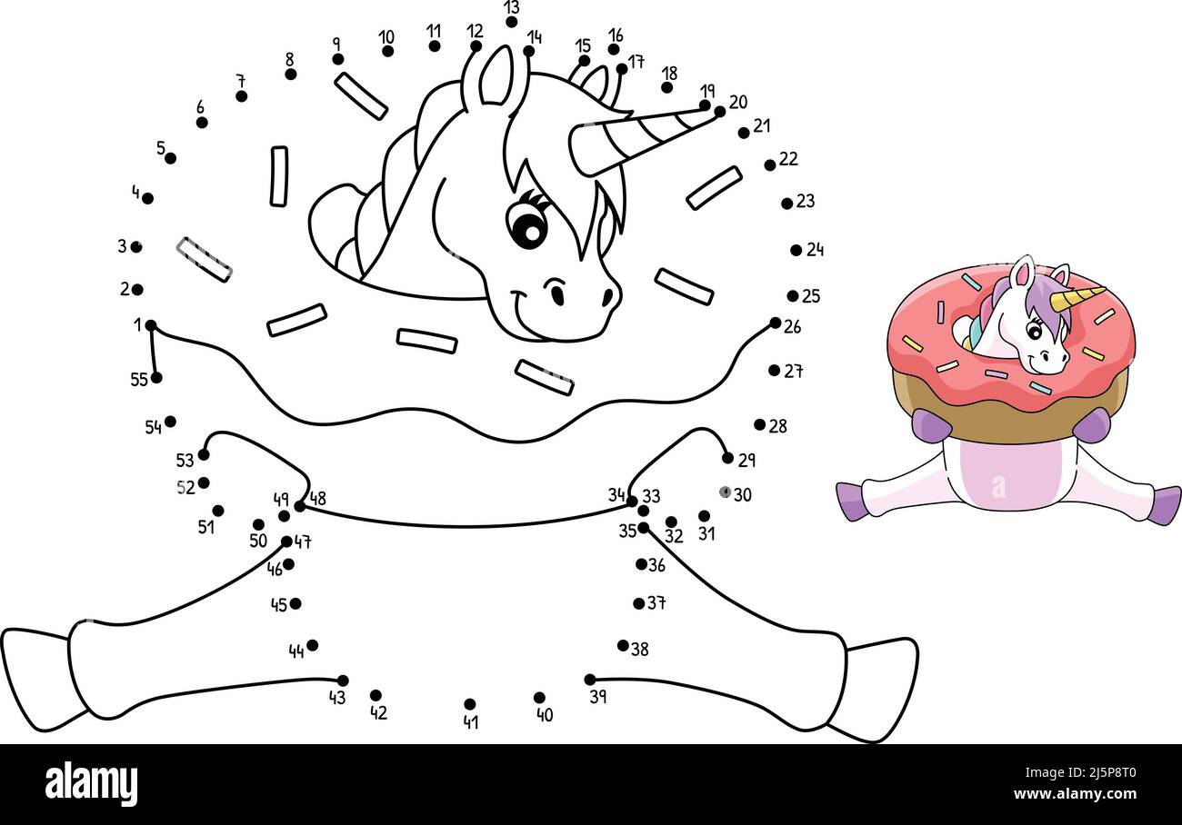 Punkt zu Punkt sitzender Einhorn in Einem Donut isoliert Stock Vektor