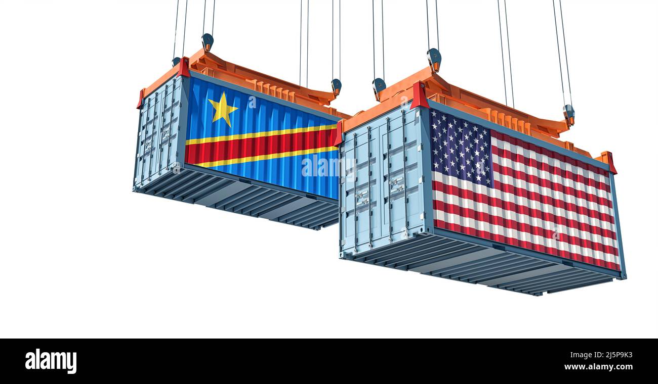 Frachtcontainer mit Nationalflaggen der USA und der Demokratischen Republik Kongo. 3D Rendering Stockfoto