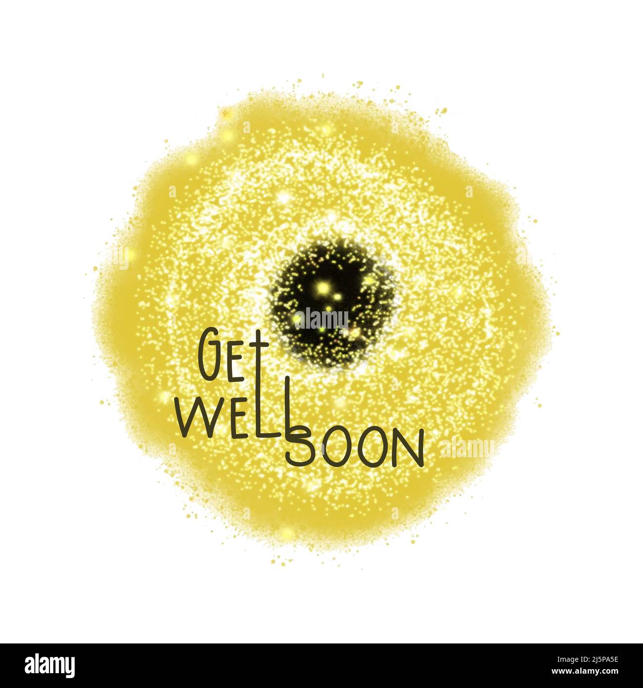 Dandelion gelb funkelnd und die Inschrift wird bald gesund. Vektorgrafik Stock Vektor