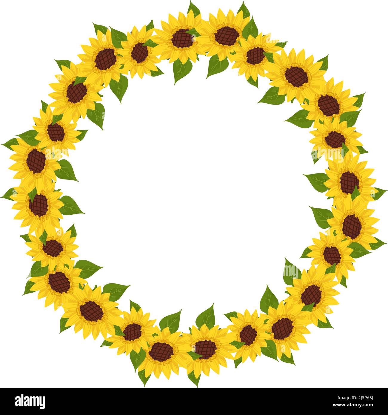 Gelber Sonnenblumenkranz mit grünen Blättern. Runder Rahmen, niedliche helle Blumen mit dunklen Herzen. Festliche Dekorationen für Hochzeit, Urlaub, Postkarte, Poster und Design. Vektorgrafik flach Stock Vektor