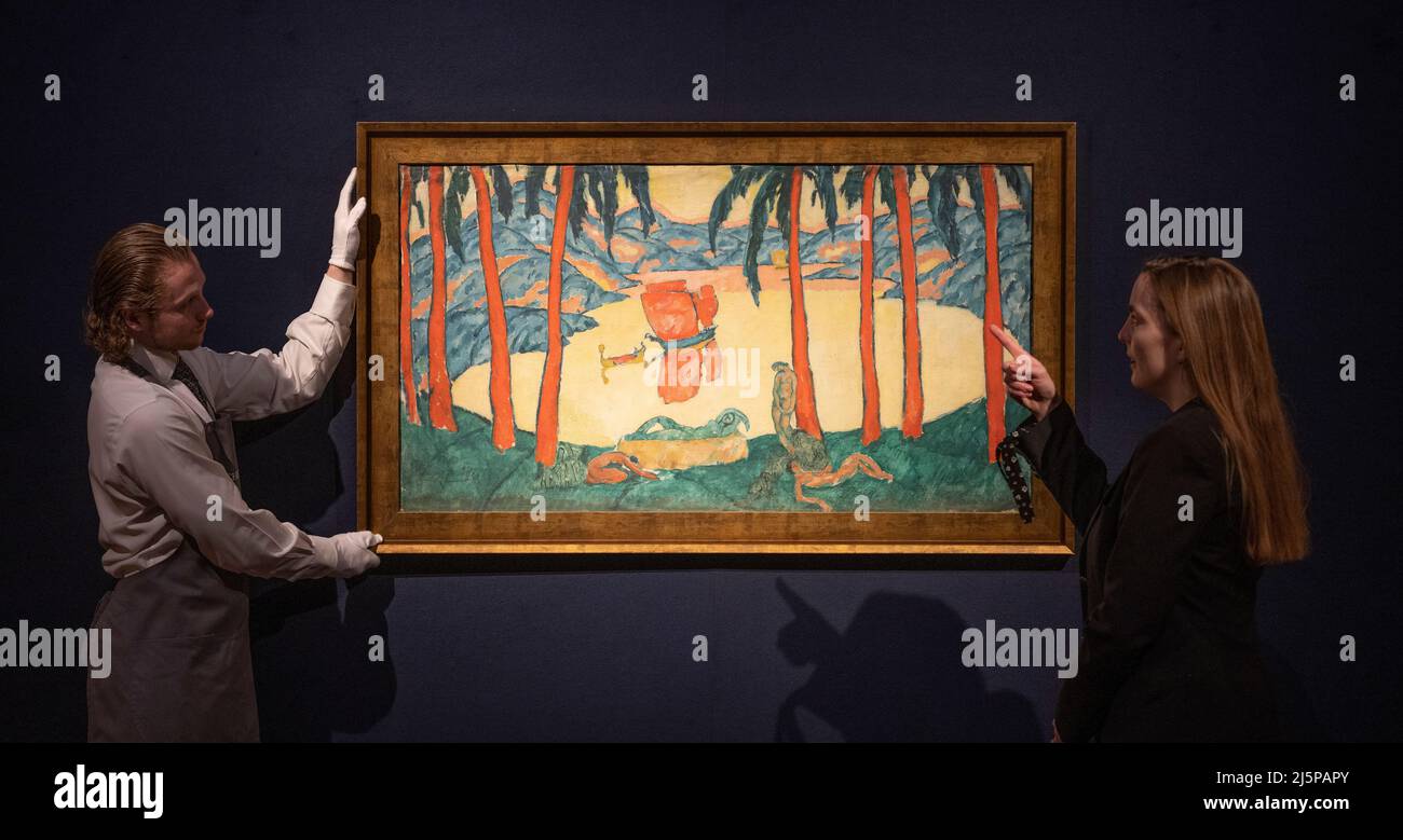 Christie’s, London, Großbritannien. 25. April 2022. Schutz des unersetzlichen: Christies Partnerschaft mit dem World Monuments Fund – ein Teil des Verkaufserlöses wird direkt dem neuen gemeinnützigen Fonds der WMF für die Ukraine zugute kommen, sofortige Maßnahmen unterstützen, um das kulturelle Erbe der Ukraine vor weiteren Schäden zu schützen und die Grundlagen für eine zukünftige Erholung zu schaffen. Die Ausstellung läuft vom 25. April bis 5. Mai und zeigt mehr als 100 Werke von 30 in der Ukraine geborenen Künstlern. Bild: Amshei Nurenberg, Red Sails. Quelle: Malcolm Park/Alamy Live News Stockfoto