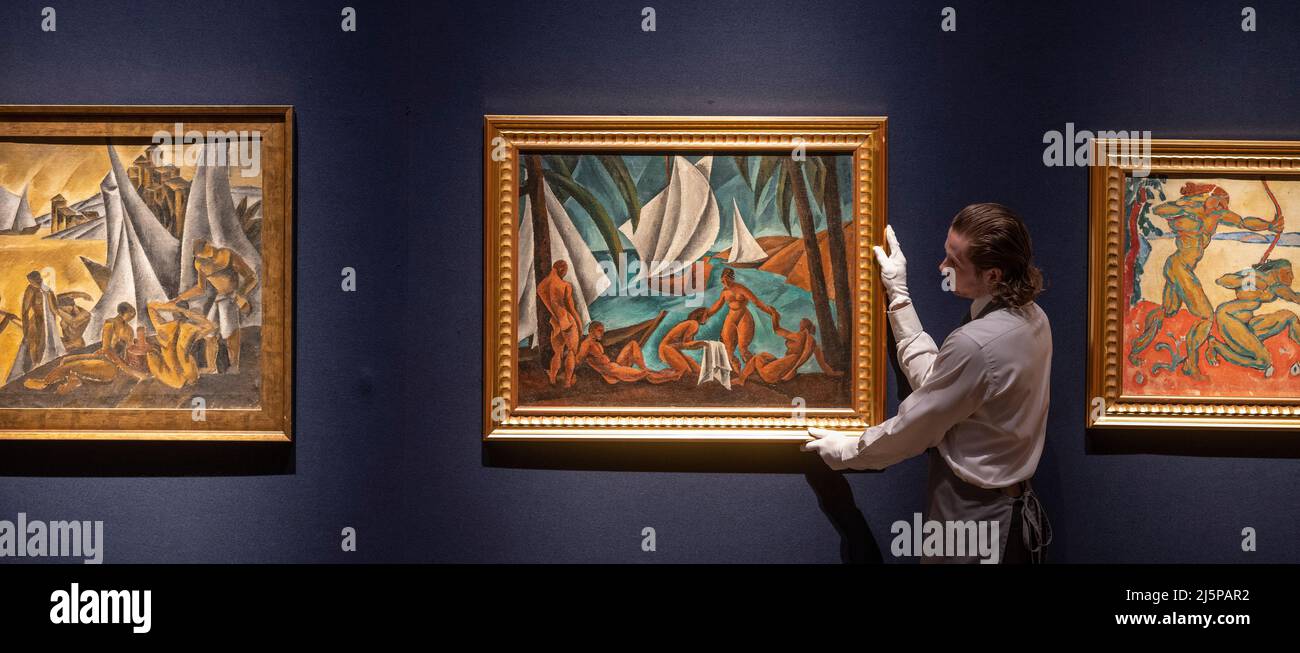 Christie’s, London, Großbritannien. 25. April 2022. Schutz des unersetzlichen: Christies Partnerschaft mit dem World Monuments Fund – ein Teil des Verkaufserlöses wird direkt dem neuen gemeinnützigen Fonds der WMF für die Ukraine zugute kommen, sofortige Maßnahmen unterstützen, um das kulturelle Erbe der Ukraine vor weiteren Schäden zu schützen und die Grundlagen für eine zukünftige Erholung zu schaffen. Die Ausstellung läuft vom 25. April bis 5. Mai und zeigt mehr als 100 Werke von 30 in der Ukraine geborenen Künstlern. Bild (Mitte): Amshei Markovich Nurenhera, White Sails. Quelle: Malcolm Park/Alamy Live News Stockfoto