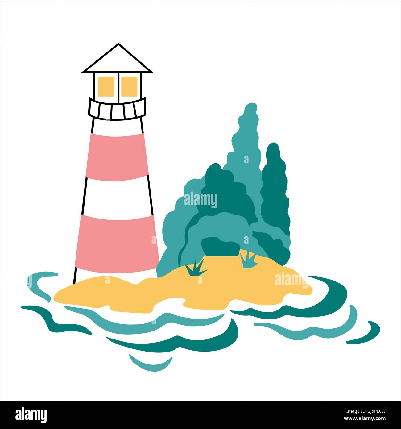 Leuchtturm auf einer Insel handgezeichnete Ikone im Doodle-Stil. Vektorgrafik Stock Vektor