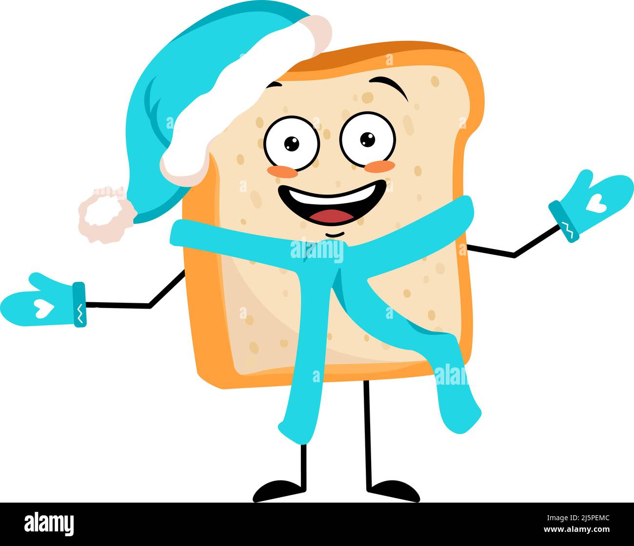 Niedliche Brot-Charakter in Santa Hut mit fröhlichen Emotionen, freudiges Gesicht, lächelnde Augen, Arme und Beine. Backende Person, hausgemachtes Gebäck mit lustigen Ausdruck. Vektorgrafik flach Stock Vektor
