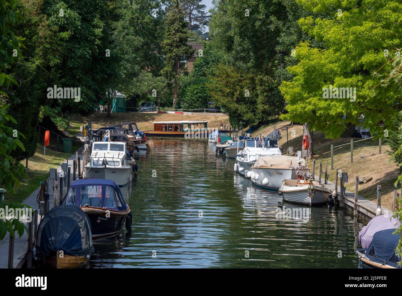 Private Anlegestellen im exklusiven Phyllis Court Club während der Henley Regatta, Henley-on-Thames, Oxfordshire, Großbritannien Stockfoto