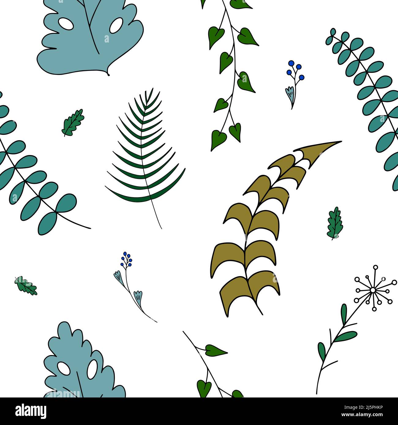 Nahtloses Vektor-Blumenmuster aus einfachen hellen Wiesenblumen und Blättern Stock Vektor