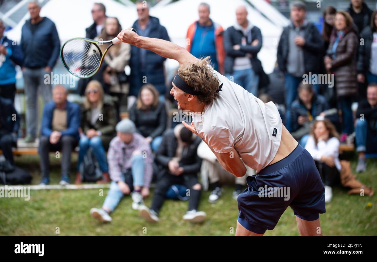 München, Deutschland. 25. April 2022. Tennis: ATP Tour - München, Singles, Männer, Training. Alexander Zverev aus Deutschland am Praxisgericht. Quelle: Sven Hoppe/dpa/Alamy Live News Stockfoto