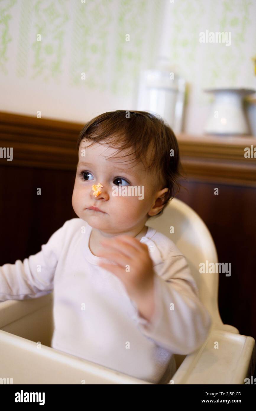 Weibliches kaukasisches Baby, das während ihres Geburtstags auf ihrem Stuhl sitzt und Schlagsahne auf ihrer Nase hat Stockfoto