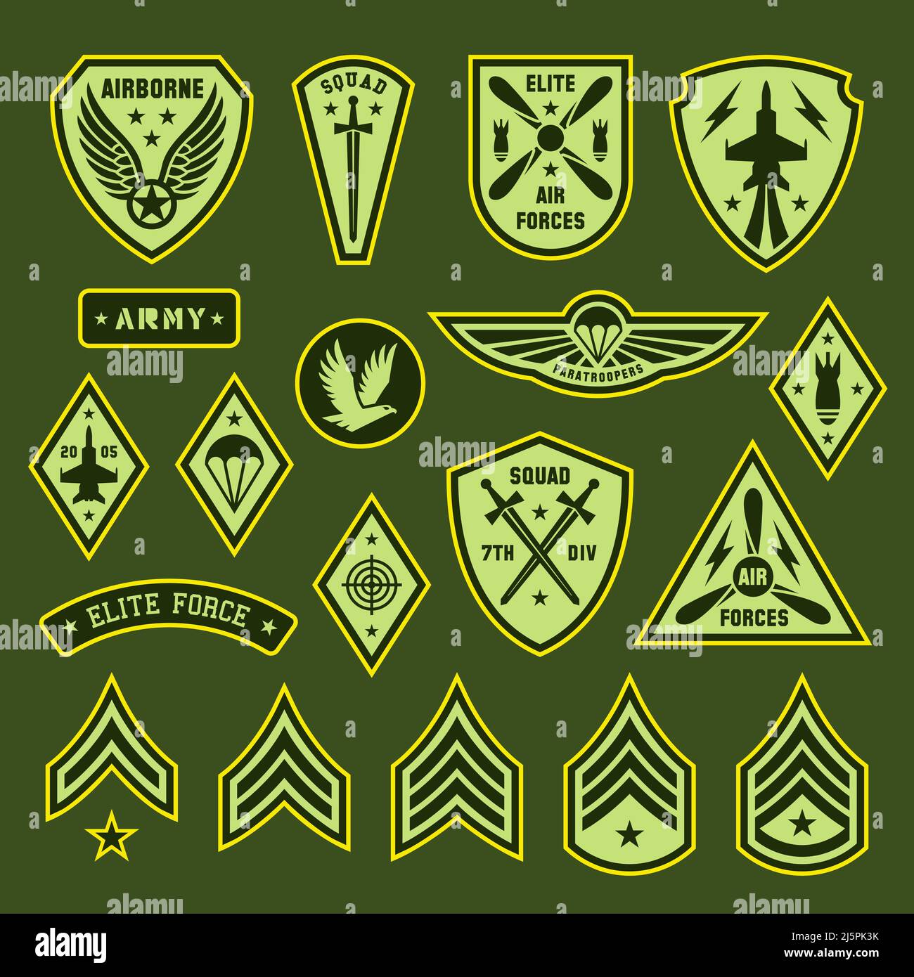 Armee Abzeichen und Patches. Vereinte Elitetruppen, militärische Embleme mit Flügeln. Soldaten Rangfolge Chevron, Luftwaffe Krieg Tags. Typografie oder Textil-Tidy Stock Vektor