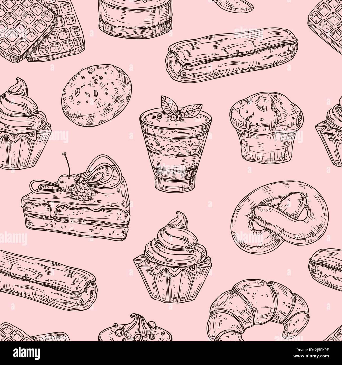 Skizze Dessert Nahtloses Muster. Fast Food und Kuchen, süße handgezeichnete Backwaren. Gebäck, Cupcakes und Kuchen, neoterischer Vektordruck mit Vintage-Gravur Stock Vektor
