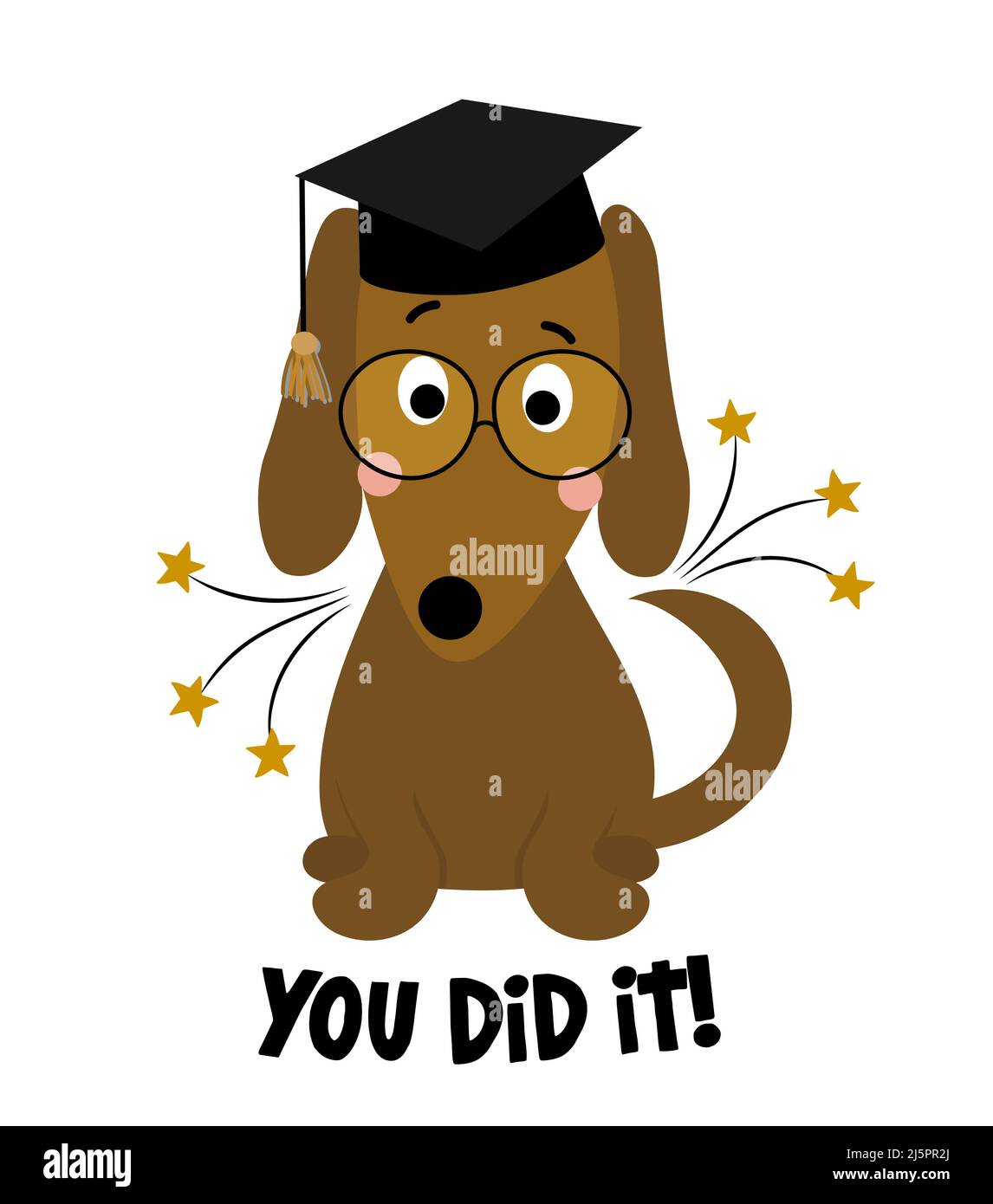 Sie haben es getan - Smart Dachshund Student in Graduate Cap. Niedlicher Hundecharakter. Handgezeichneter Welpendoodle für Kinder. Gut geeignet für Textilien, Schulsets, Tapeten Stock Vektor