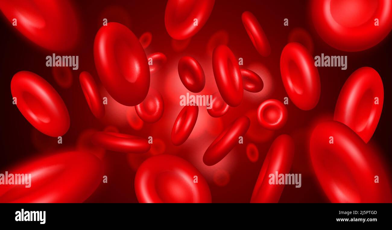 Realistisch strömende Blutzellen. Makrogefäß mit 3D roten Partikeln. Abstrakter Hintergrund der Erythrozyten. Vergrößerter Arterienfluss. Kreislaufsystem Stock Vektor