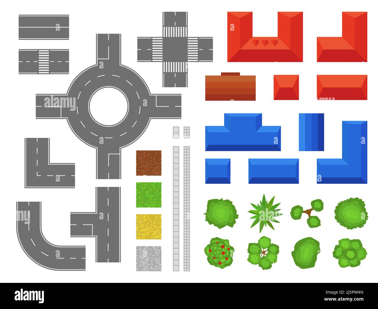 Street Elements Kartenansicht von oben. Urbane Objekte, Gebäude und Häuser mit Dächern. Park Bäume und Sträucher. Fußgänger-Fliese. Straßenbelag und Autobahn Teile. Stadt Stock Vektor