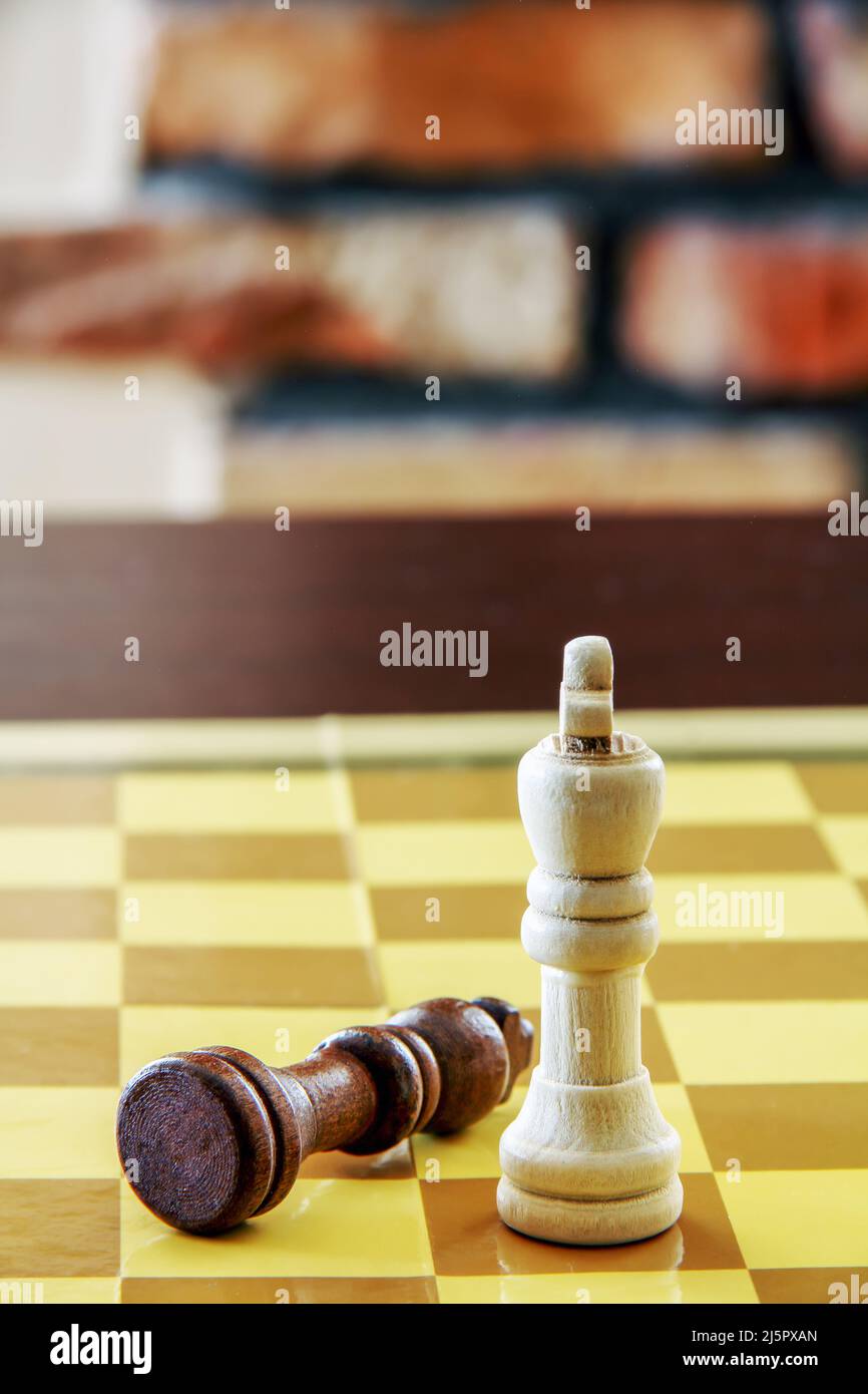 Ein siegreicher weißer König, der über einem gefallenen braunen König steht Stockfoto