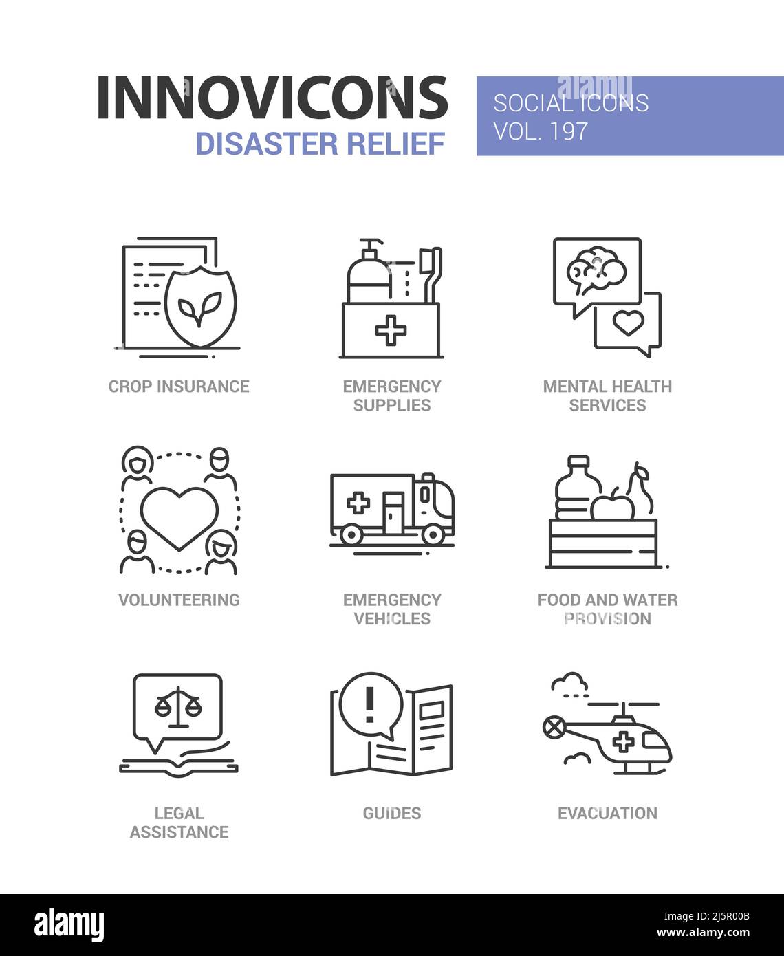Katastrophenhilfe und Notfall - Liniendesign Stil Symbole gesetzt Stock Vektor