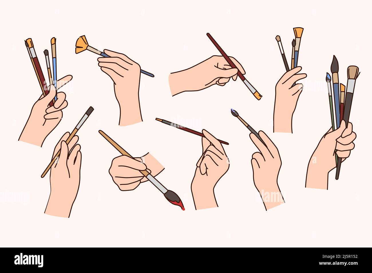 Handsatz mit Malbürsten. Sammlung von Menschen Künstler oder Maler mit künstlerischen Werkzeugen und Geräten. Hobby und Aktivität. Pinsel. Flache Vektorgrafik. Stock Vektor