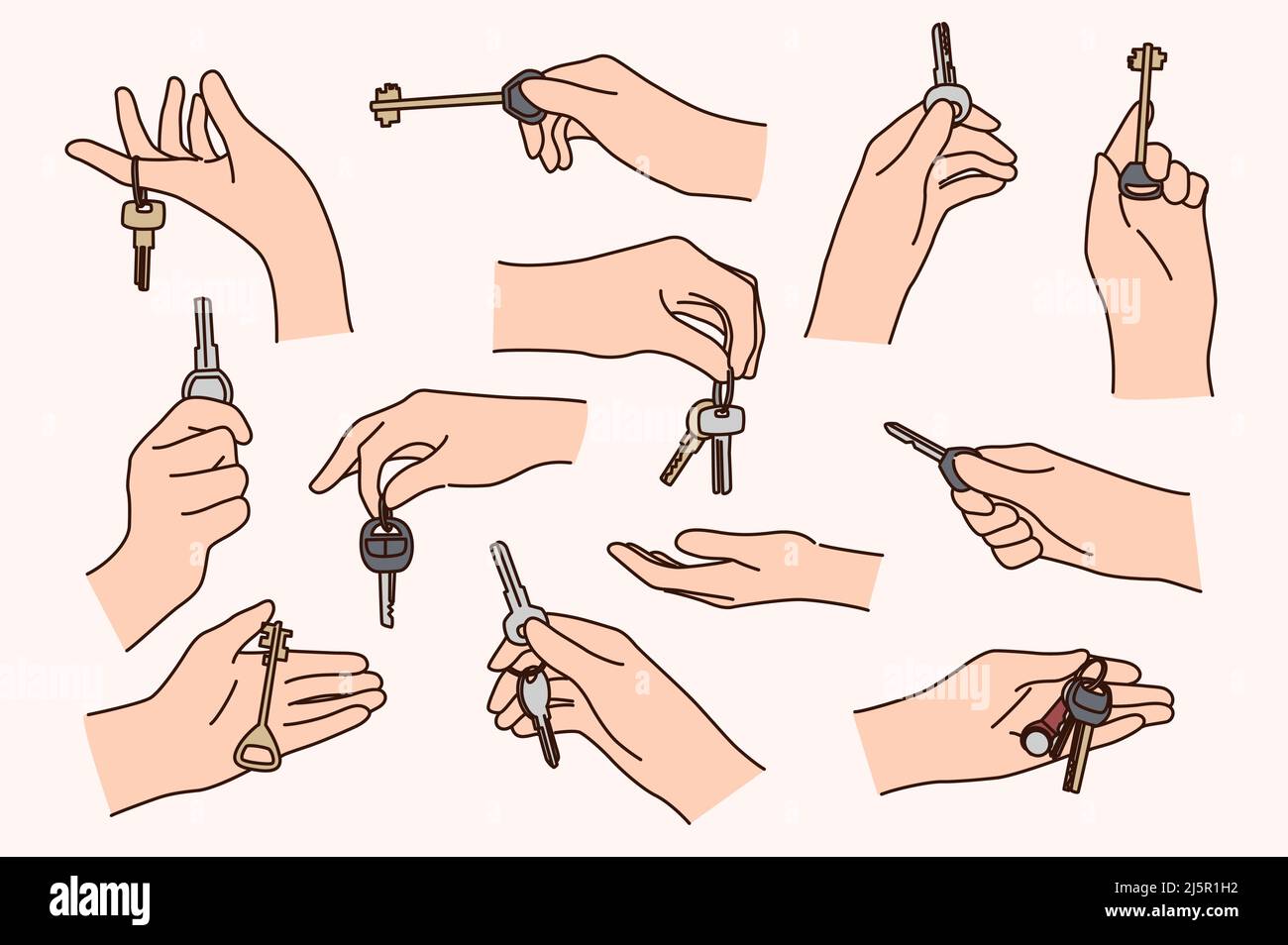 Satz von Menschen Hände halten Schlüssel zu neuen Wohnung oder Auto. Sammlung von Person Besitzer feiern Besitz. Eigentumskonzept. Vermietung und immobilie. Vektorgrafik. Stock Vektor