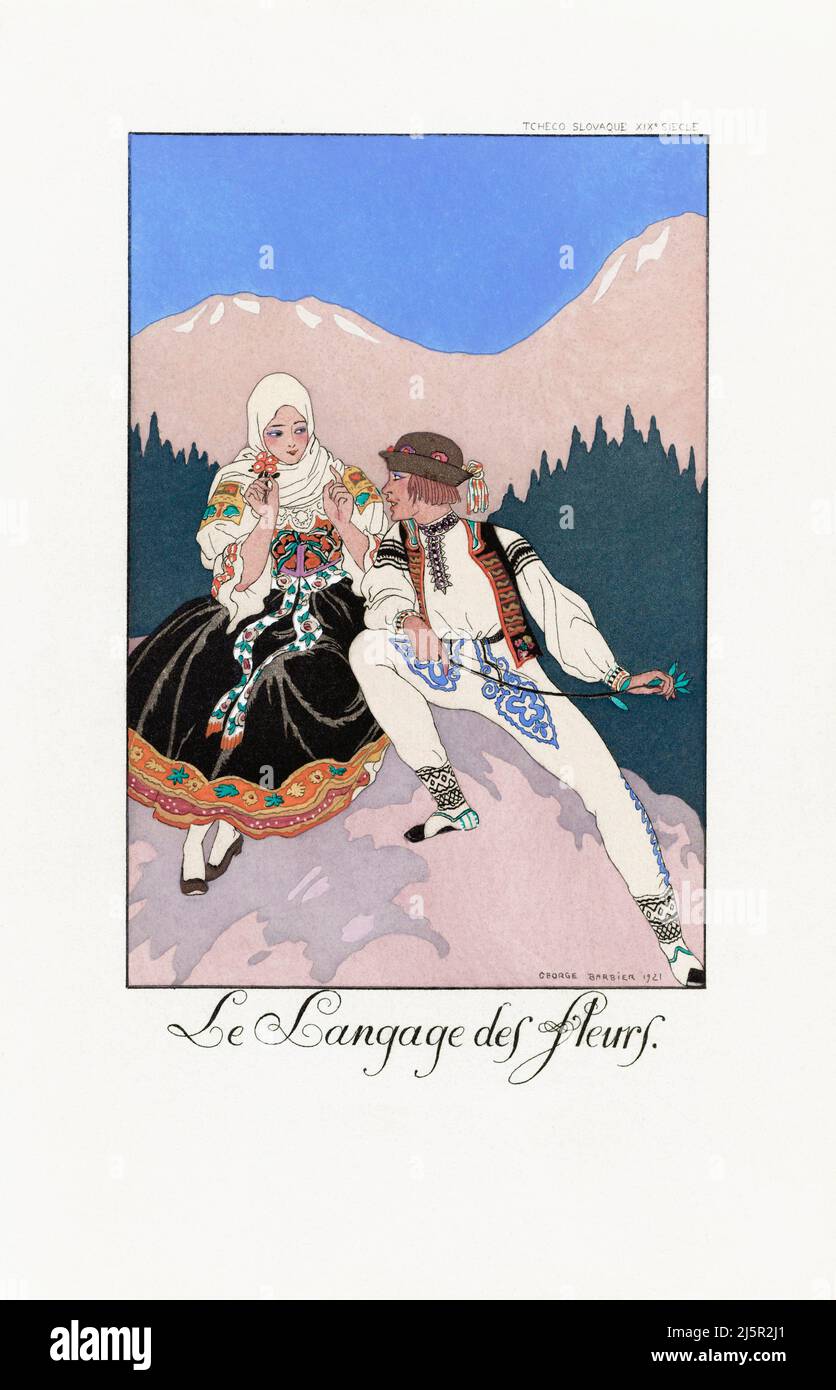 Le Langage des Fleurs. Die Sprache der Blumen. Aus George Barbiers Almanach Falbalas et Fanfreguches 1922 - 1926. Nach einem Werk des französischen Illustrators George Barbier, 1882 - 1932. Stockfoto