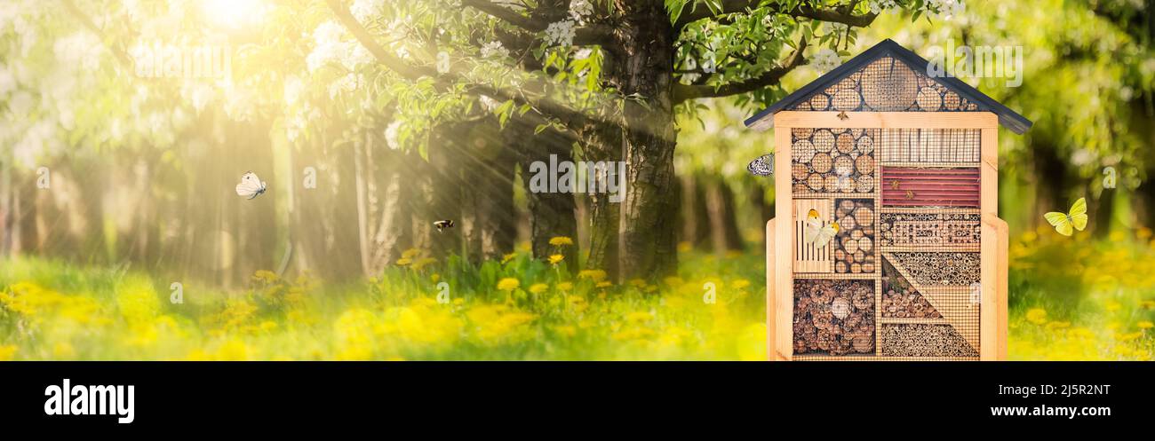 Wunderschönes Insektenhotel mit fliegenden Schmetterlingen und Bienen in einem sonnigen Sommergarten Stockfoto