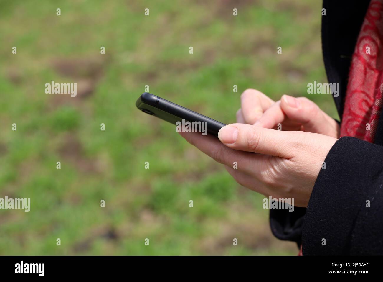 Weibliche Hände mit Smartphone Nahaufnahme. Frau, die im Frühlingspark ein Mobiltelefon benutzt Stockfoto