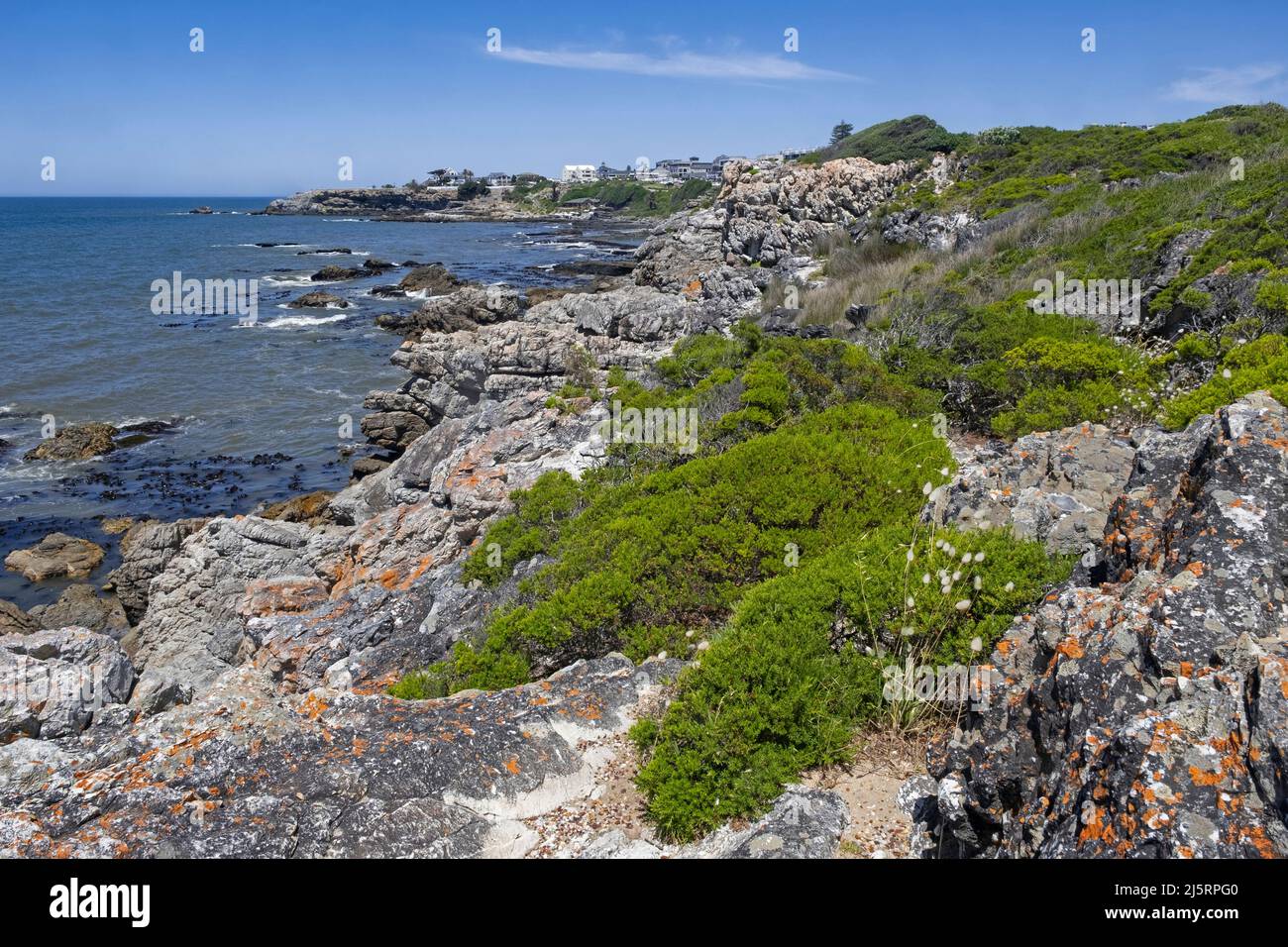 Blick über den Atlantischen Ozean und die felsige Küste entlang des Cliff Path, einem beliebten Wanderweg zur Walbeobachtung in Hermanus, Overberg, Western Cape, Südafrika Stockfoto